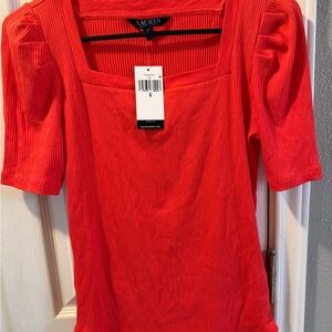 Ralph Lauren Red Ribbed Puffed Sleeve Blouse - Small